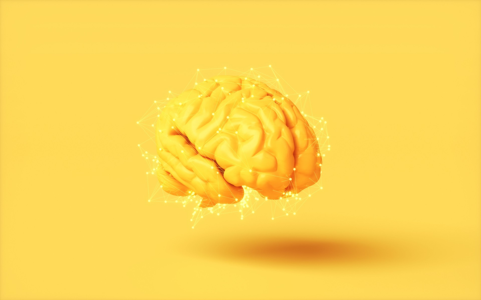 Soft Yellow Human Brain Surrounded by Wire Frame on Soft Background