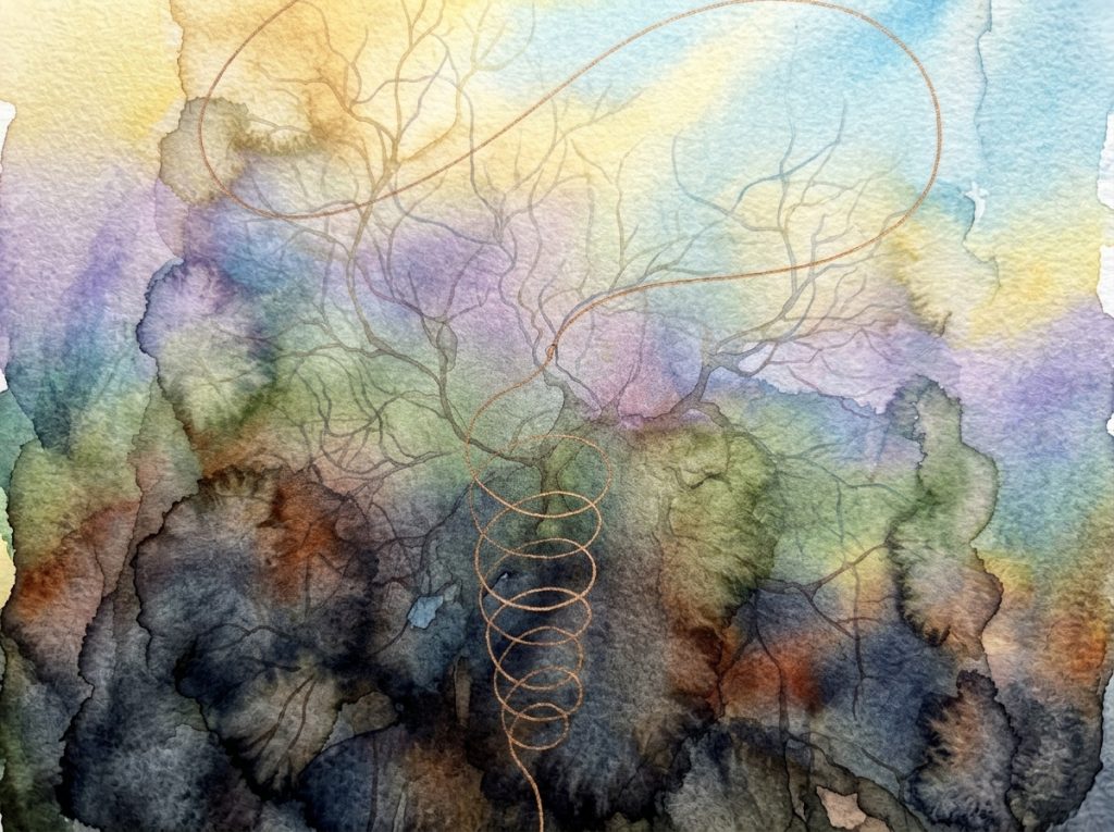 Watercolor of branching lines and a looping golden thread