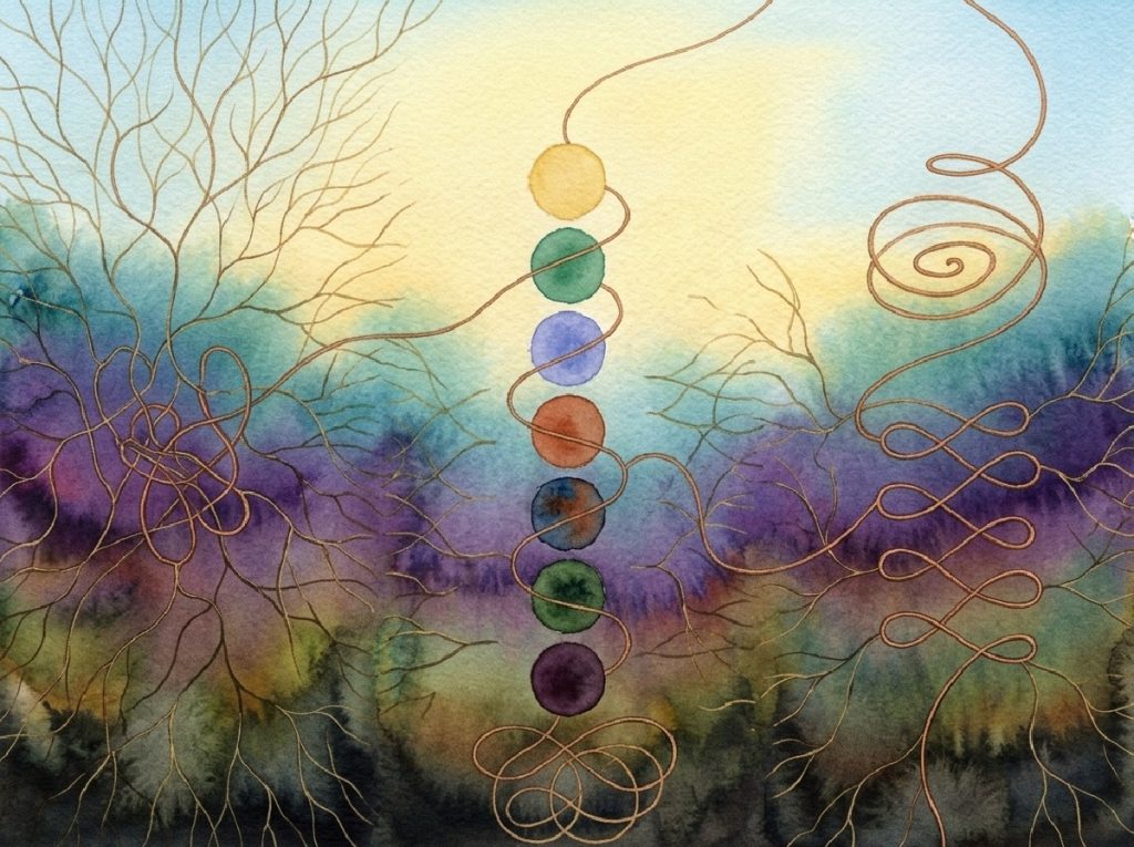 Watercolor circles and branching lines linked by a golden thread