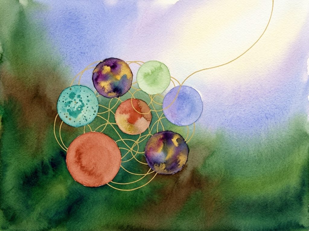 Colorful watercolor circles connected by golden threads