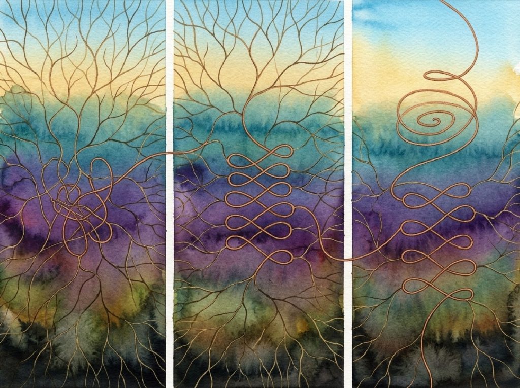 Watercolor triptych of branching and interwoven golden lines